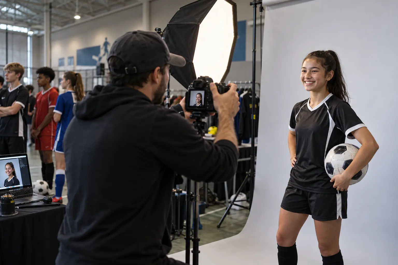 Professional photographer taking a youth soccer player’s portrait during club photo day