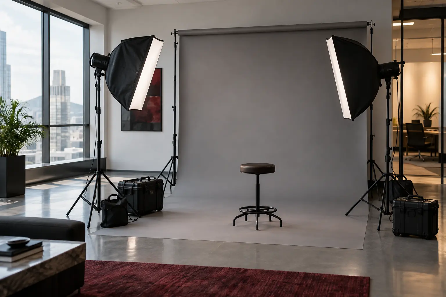 Professional mobile headshot studio set up inside a modern office