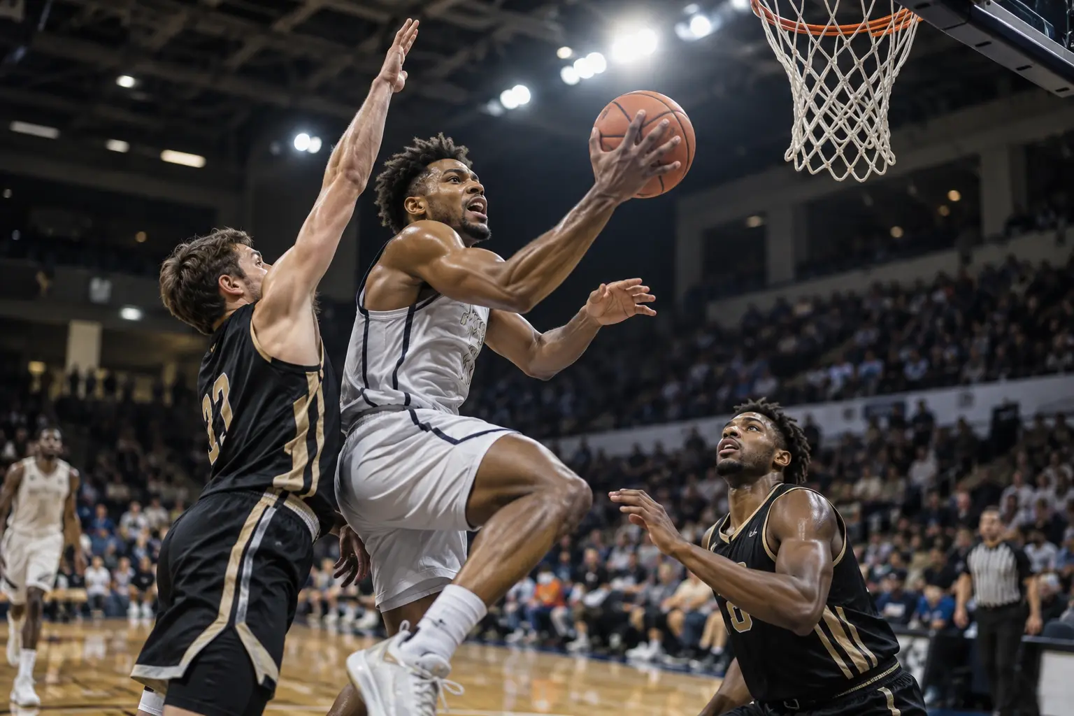 Basketball player driving toward the hoop