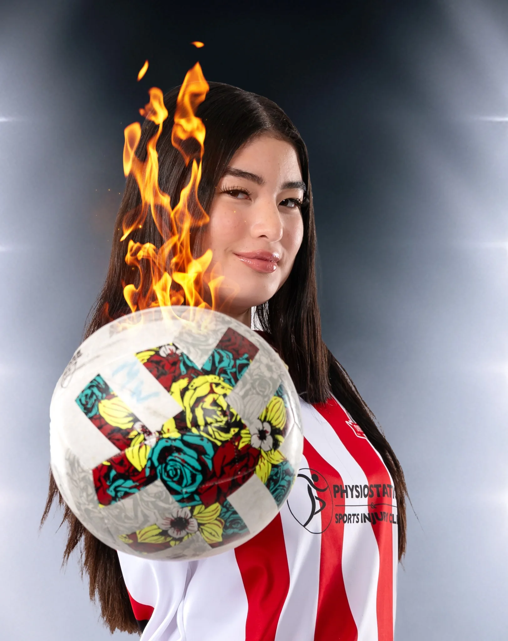 Dramatic athlete portrait with fire effects