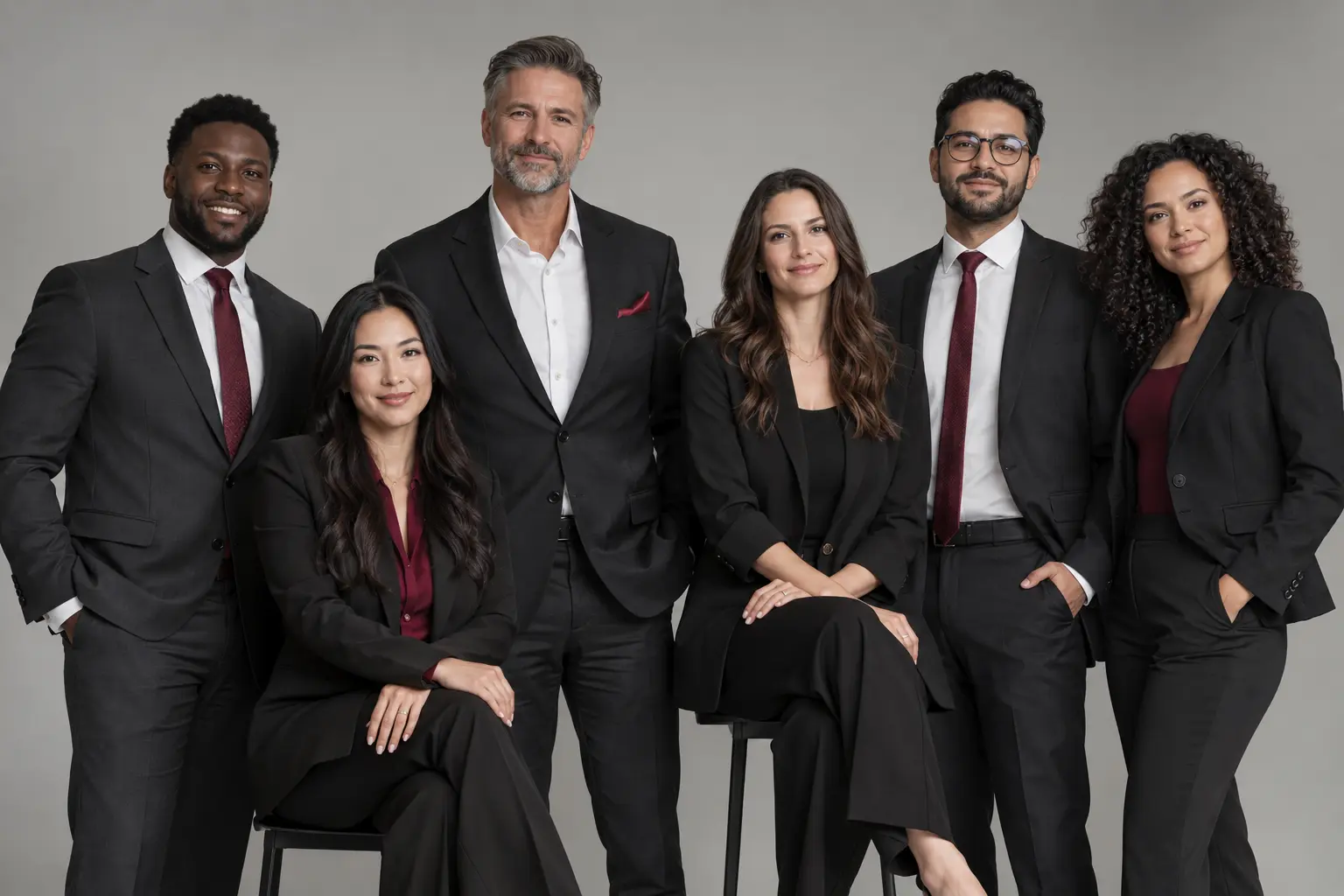 Professionally photographed corporate team in coordinated business attire