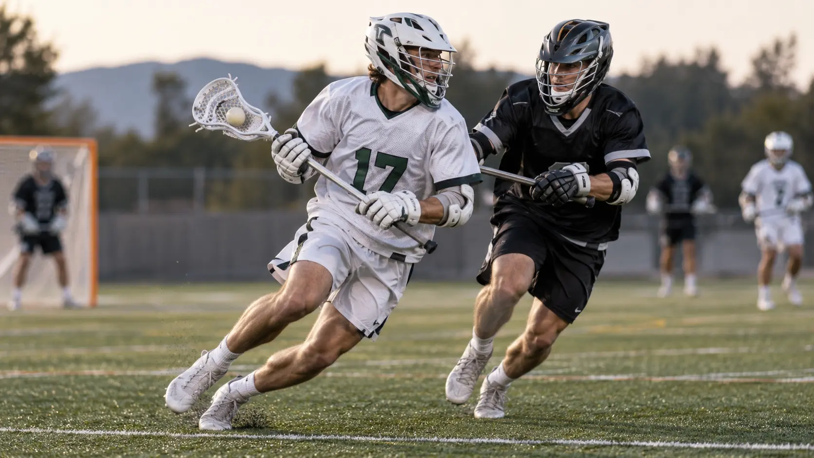 Lacrosse player carrying the ball while challenged by a defender