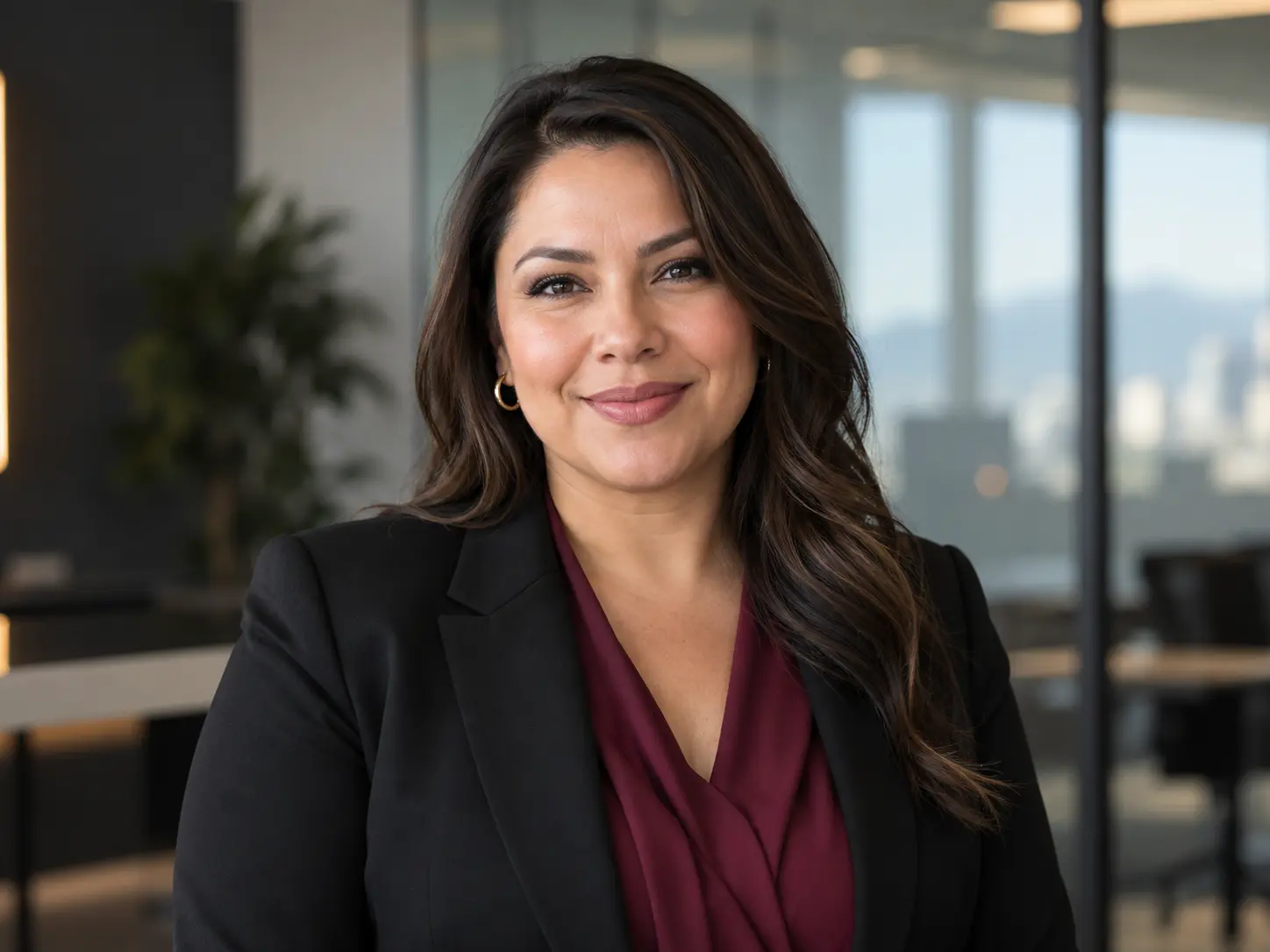 Professional environmental headshot of a woman in a black blazer