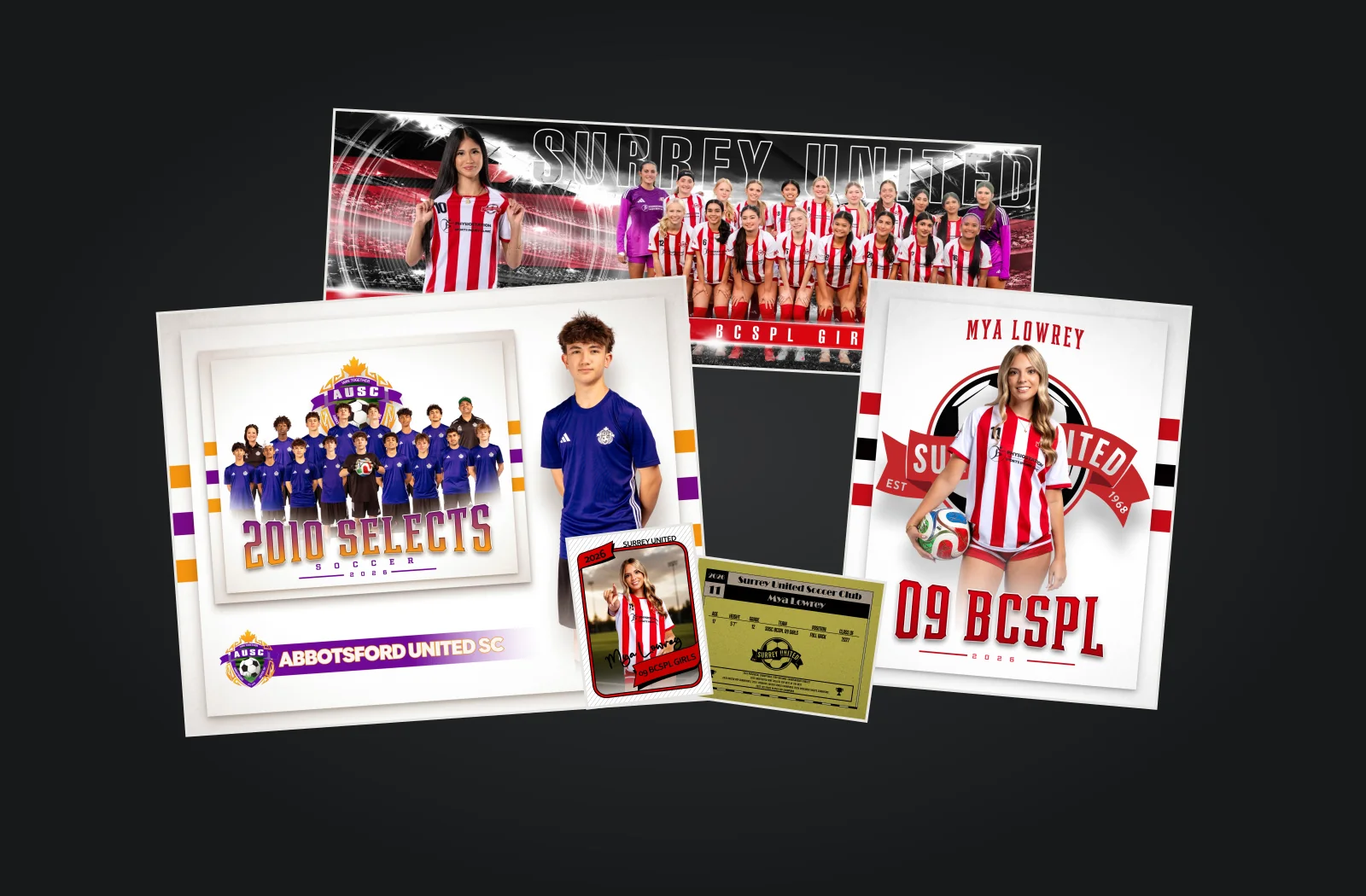 Examples of club photo products: team panorama, Memory Mate, player poster, and both sides of a trader card