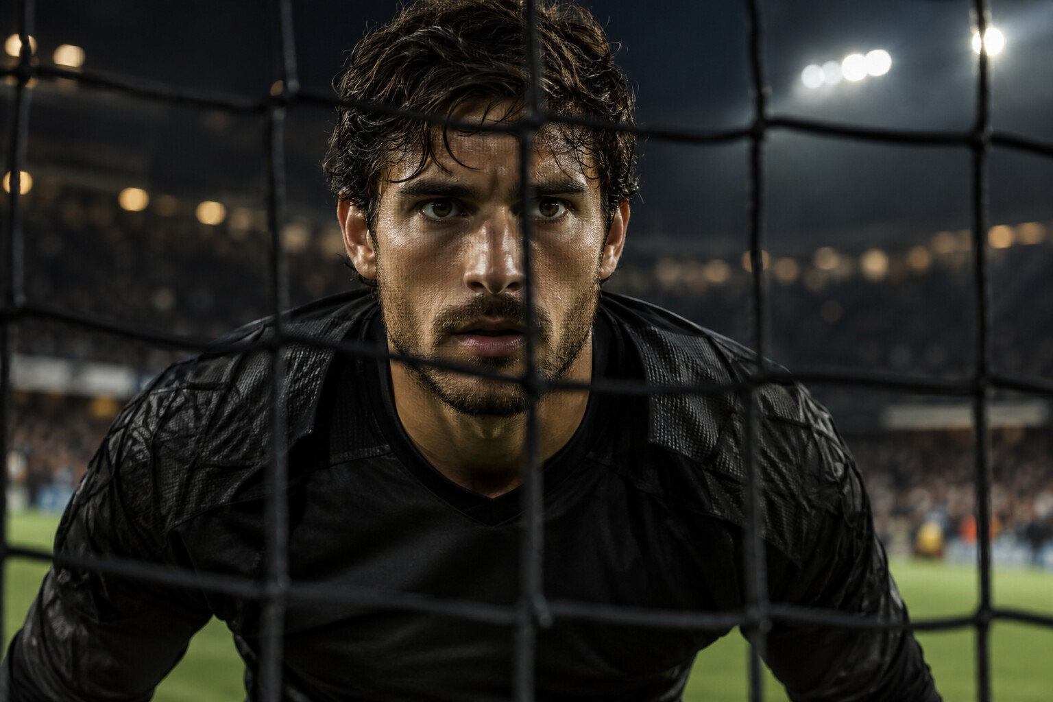Goalkeeper photographed through the goal net