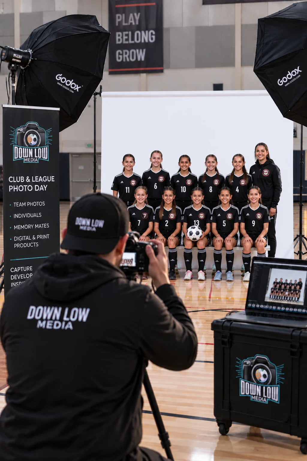 Down Low Media photographer photographing a youth soccer team at a club photo day