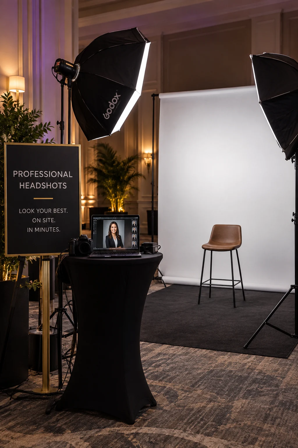 On-site portrait station with professional lighting, backdrop, and camera equipment