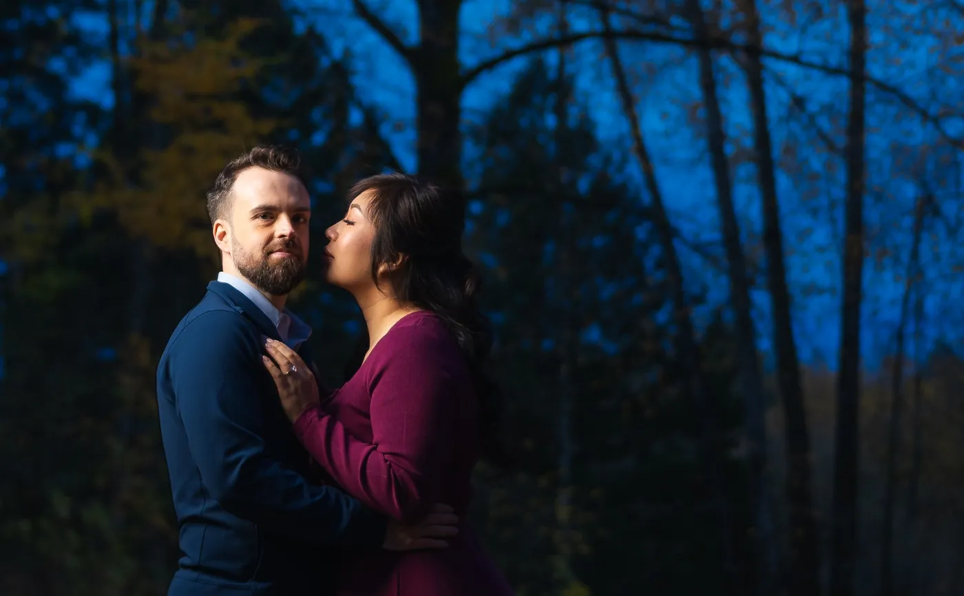 The same couple and setting with professional off-camera lighting